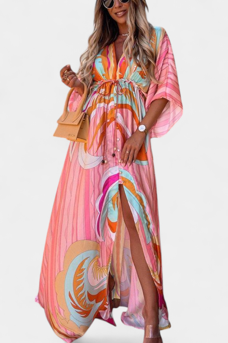 Vestido Maxi Arcoíris Con Manga Murciélago Fluido Estampado