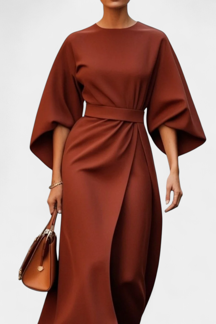 Vestido Midi Exclusivo Con Mangas Lantern Y Cintura