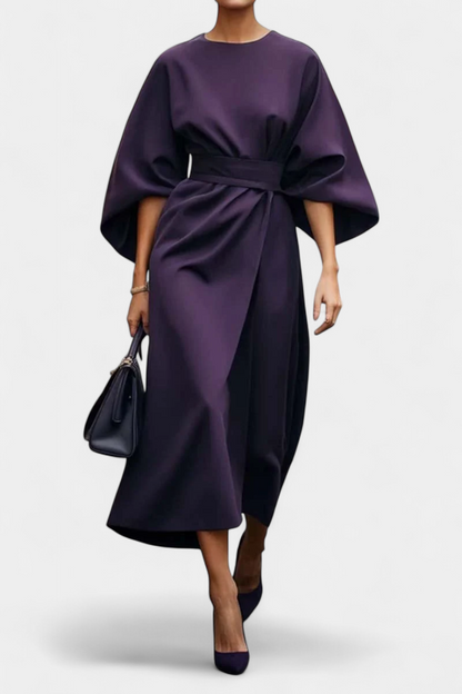 Vestido Midi Exclusivo Con Mangas Lantern Y Cintura