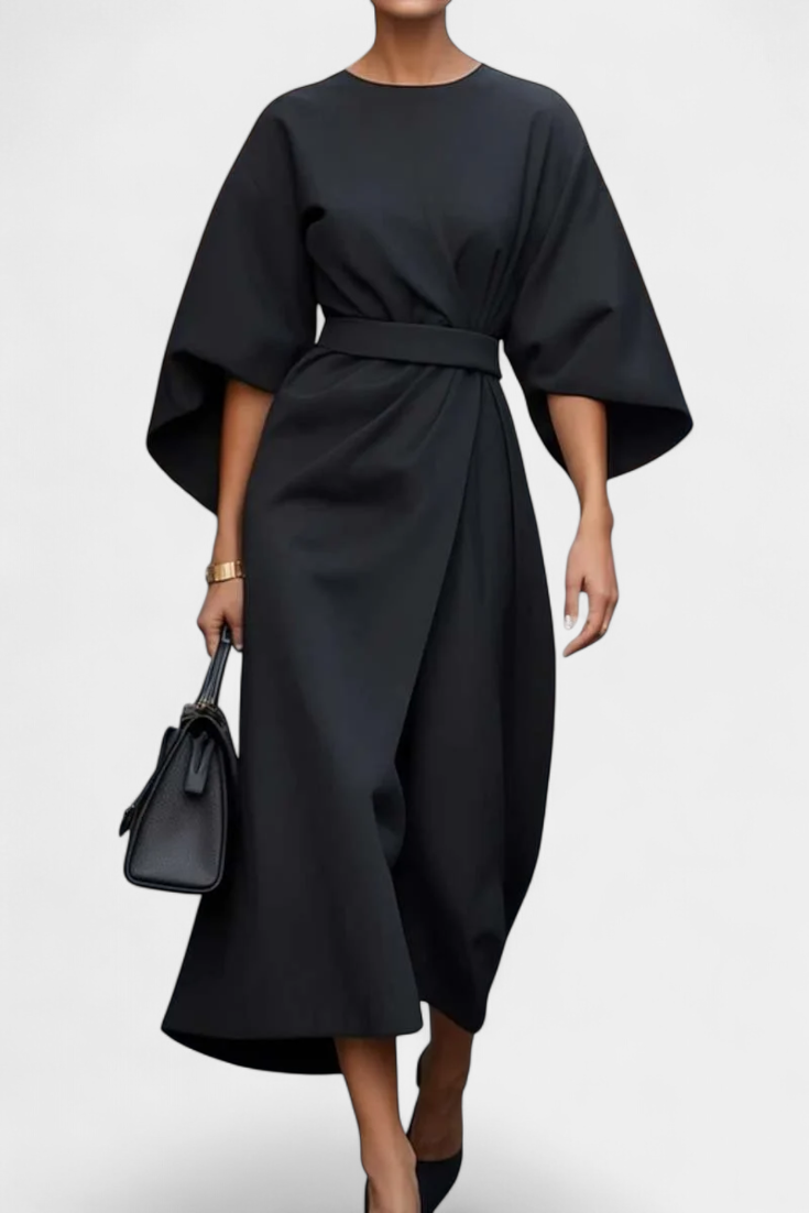 Vestido Midi Exclusivo Con Mangas Lantern Y Cintura