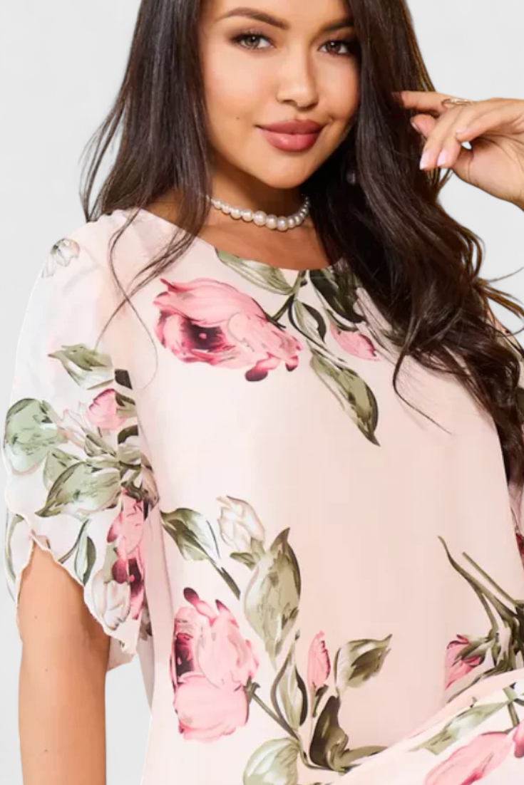 Vestido Gasa Fluida Con Pétalos Estampados Escote En V