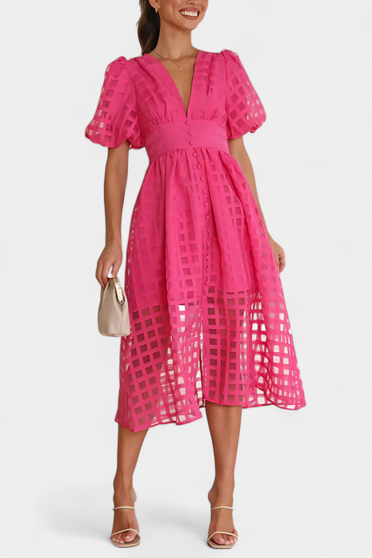 Vestido Midi Vintage Con Mangas Abullonadas Y Cuadrados