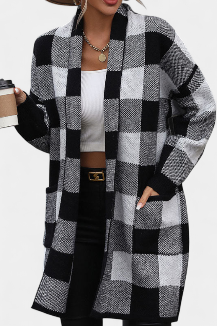 Cardigan de Cuadros Chic con Bolsillos Listos para Todo