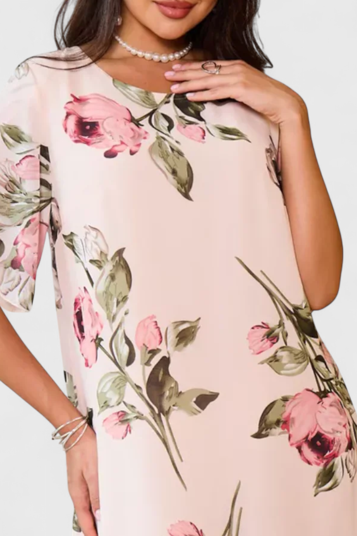 Vestido Gasa Fluida Con Pétalos Estampados Escote En V