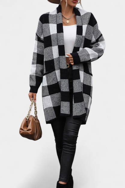 Cardigan de Cuadros Chic con Bolsillos Listos para Todo