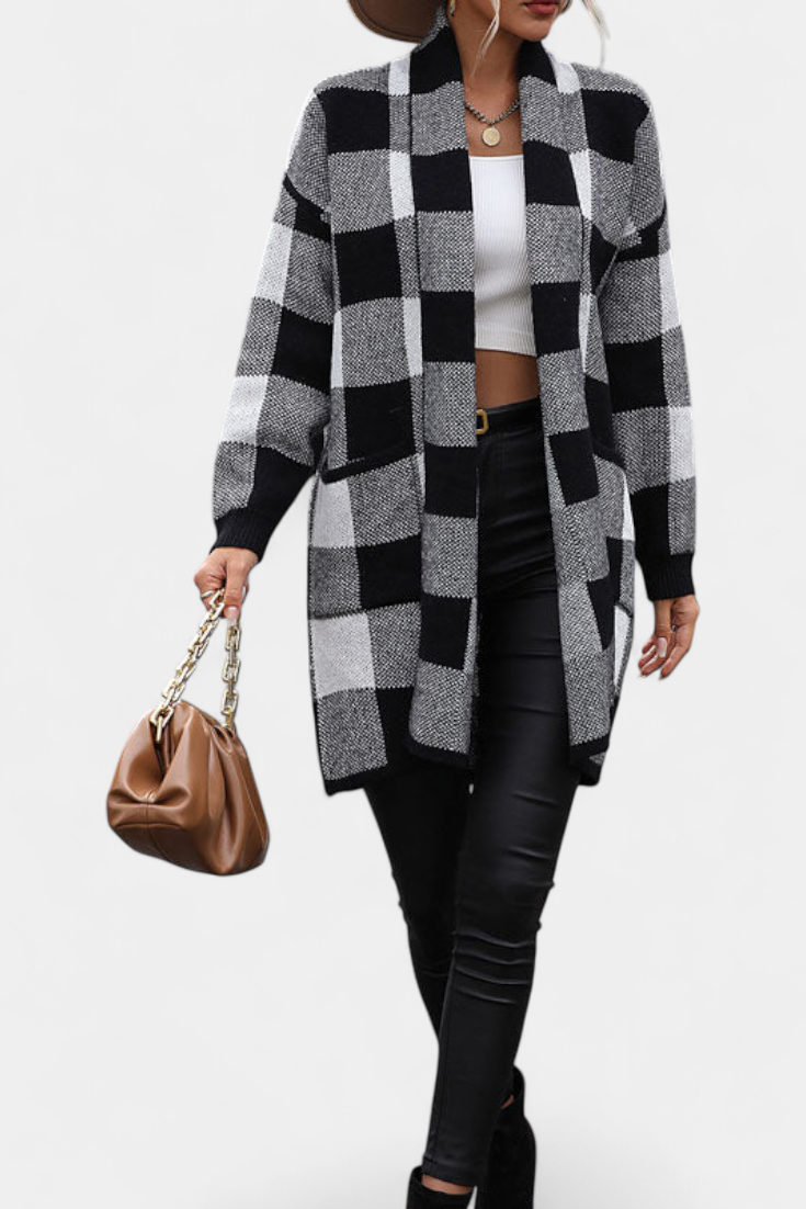 Cardigan de Cuadros Chic con Bolsillos Listos para Todo