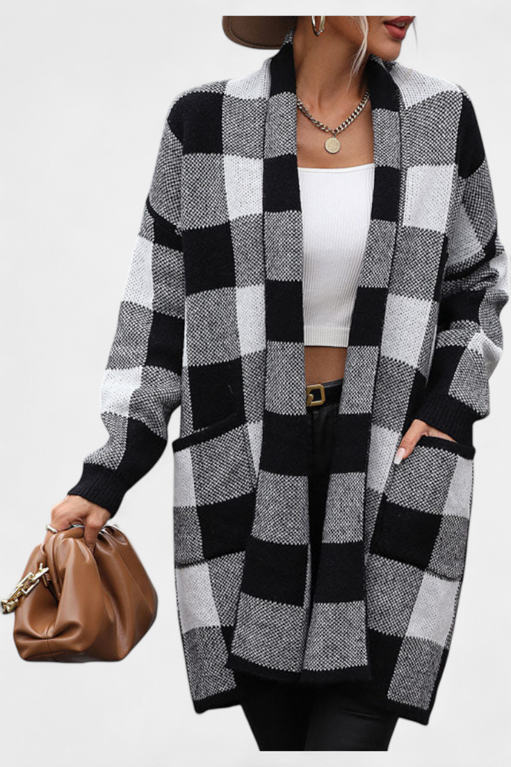 Cardigan de Cuadros Chic con Bolsillos Listos para Todo