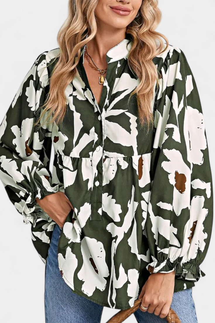 Blusa Estampado Floral Abstracto Bohemio Mangas Abullonadas