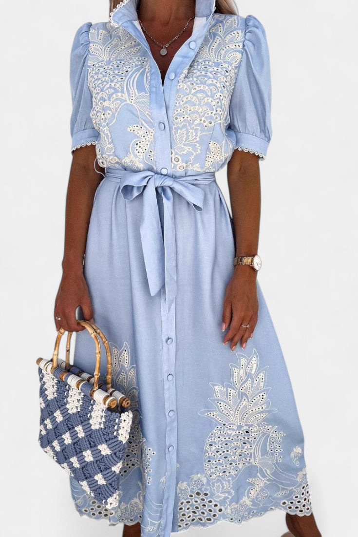 Vestido Camisero Bordado Floral Manga Abullonada Piña Chic