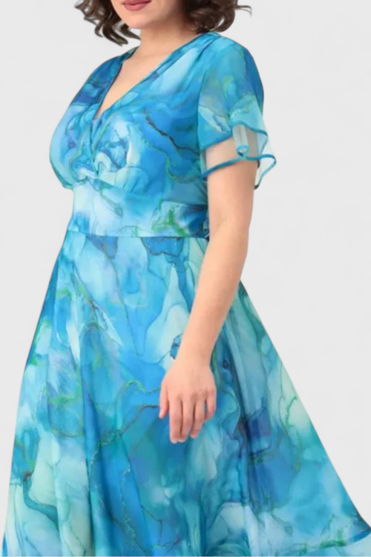 Vestido Gasa Azul Estampado Acuarela Con Escote Cruzado