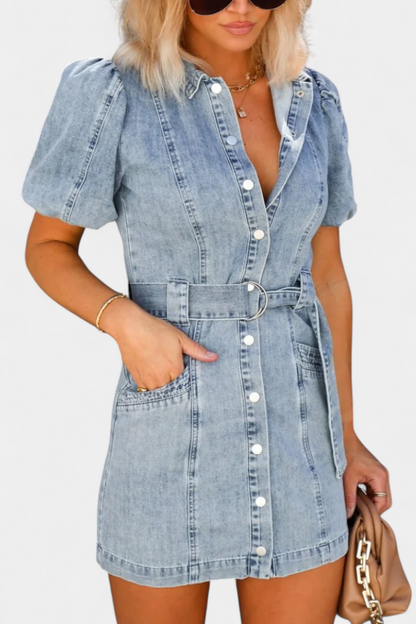 Vestido Mini Denim Lavado Orlena Con Glam Privilegio