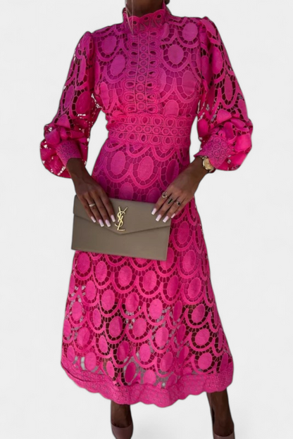 Vestido Midi Encaje Calado Con Mangas Farol Cuello Alto