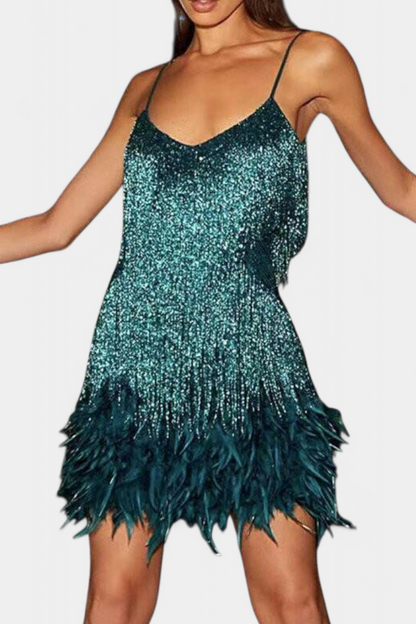 Vestido Mini con Plumas Sheril Noche Colección Exclusiva