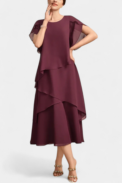 Vestido de Chiffon Silueta Flotante y Capas Asimétricas