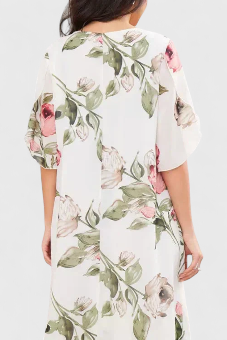 Vestido Gasa Fluida Con Pétalos Estampados Escote En V