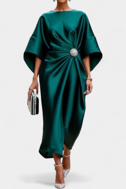 Vestido Largo Satén Brillo Luxe Con Detalles Fruncidos