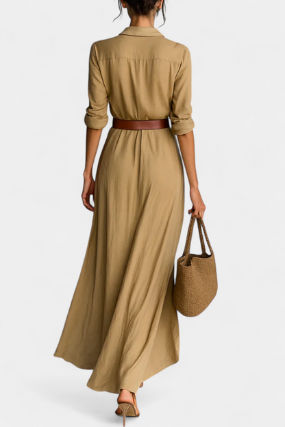 Vestido Maxi de Solapa y Sastrería Exclusiva Cierre Frontal
