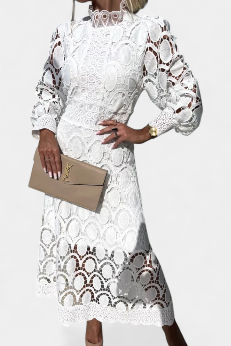 Vestido Midi Encaje Calado Con Mangas Farol Cuello Alto