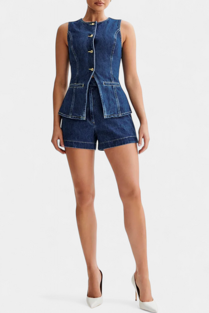 Conjunto Raya Denim Chaleco Sin Mangas Shorts Talle Alto