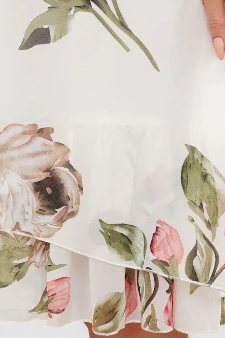 Vestido Gasa Fluida Con Pétalos Estampados Escote En V
