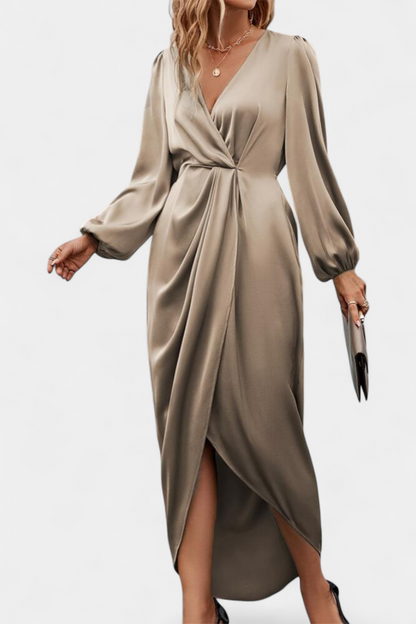 Giada Vestido Seda Largo con Escote V y Abertura Lateral