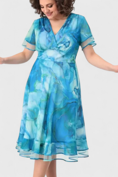 Vestido Gasa Azul Estampado Acuarela Con Escote Cruzado