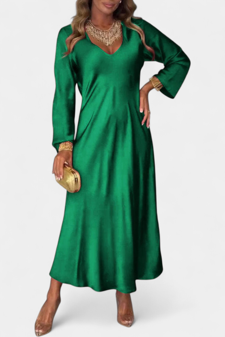Vestido Fluido Seda Con Escote V Y Mangas Largas Chic