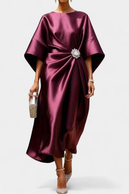 Vestido Largo Satén Brillo Luxe Con Detalles Fruncidos