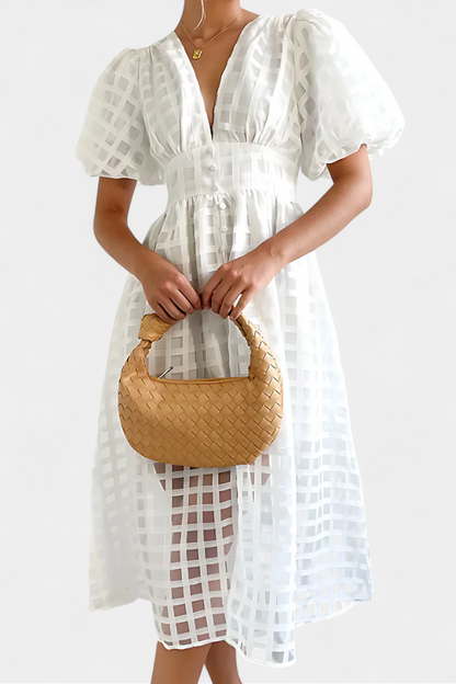 Vestido Midi Vintage Con Mangas Abullonadas Y Cuadrados