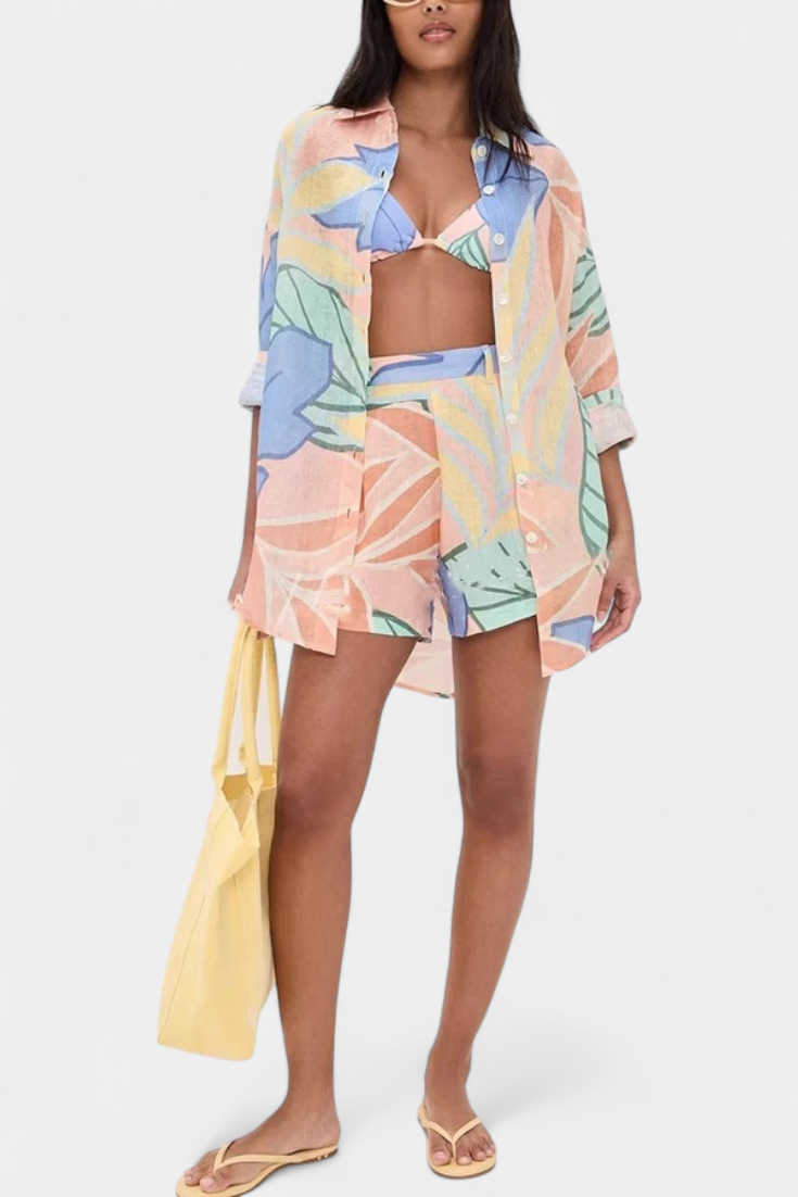 Lumina Conjunto Tropical Camisa Suelta Shorts Cintura Alta