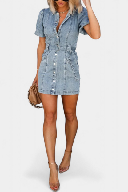 Vestido Mini Denim Lavado Orlena Con Glam Privilegio