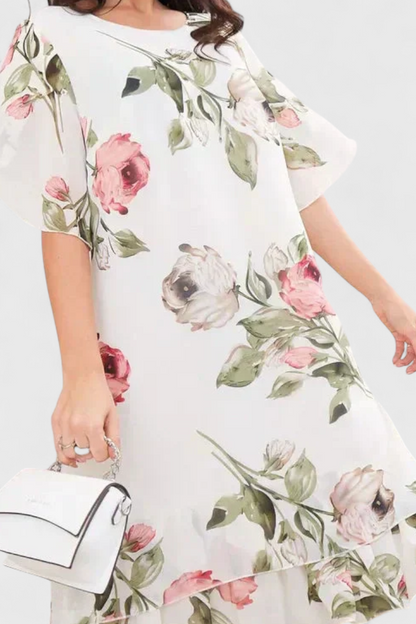 Vestido Gasa Fluida Con Pétalos Estampados Escote En V