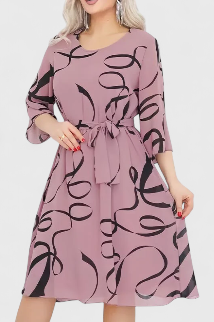 Vestido Midi Estampado Con Cinturón Tejido Ligero Ingenioso