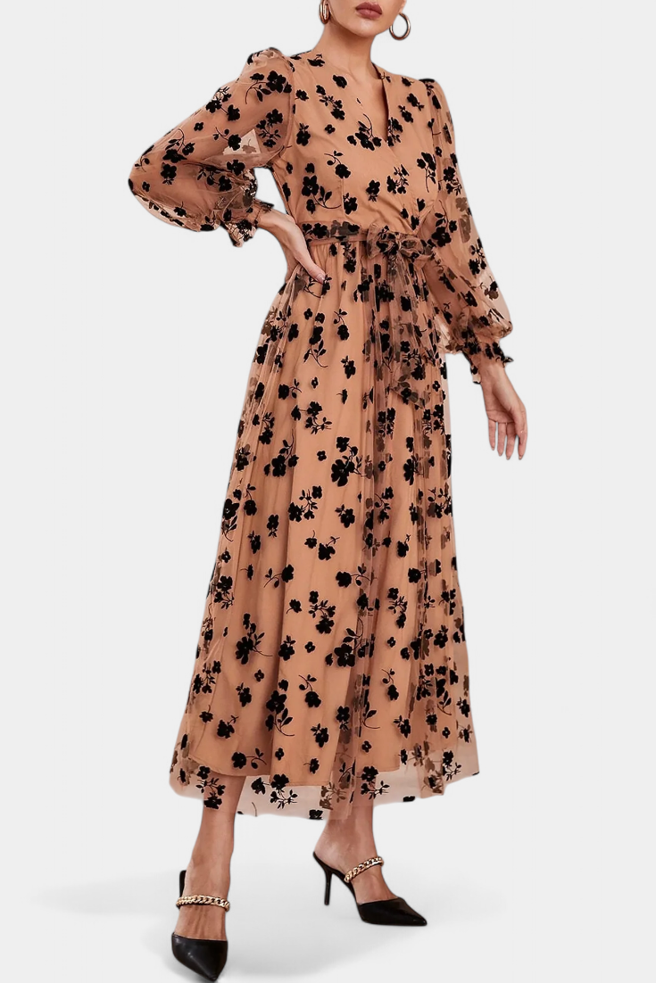 Iolanda Vestido Maxi Encaje Floral con Mangas Linterna