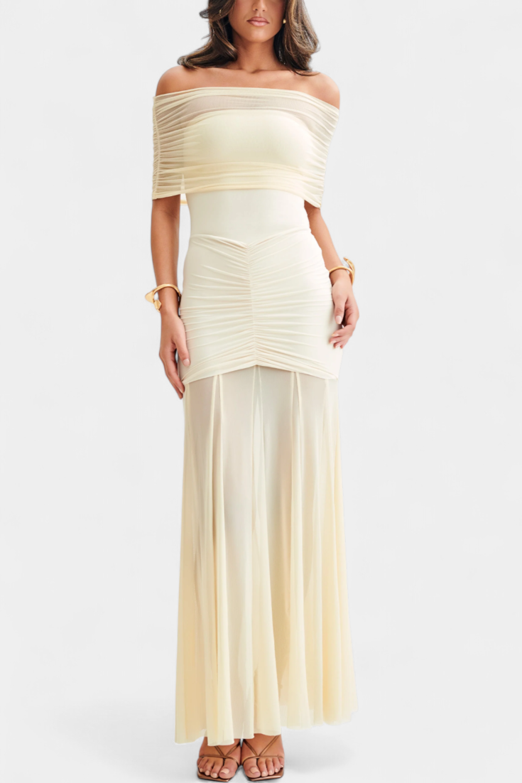 Vestido Maxi Barco Con Capa De Malla Glam Nocturno Seductor