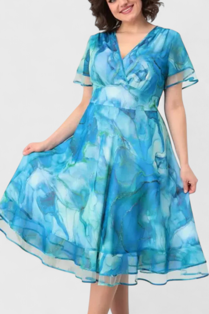 Vestido Gasa Azul Estampado Acuarela Con Escote Cruzado