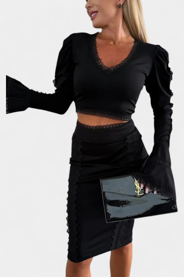 Conjunto Minerva Encaje Top Manga Larga Falda Cintura Alta