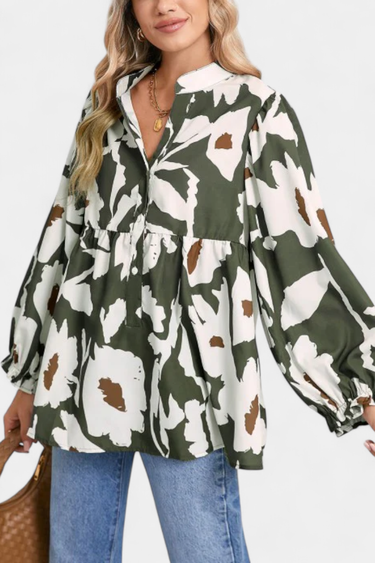 Blusa Estampado Floral Abstracto Bohemio Mangas Abullonadas