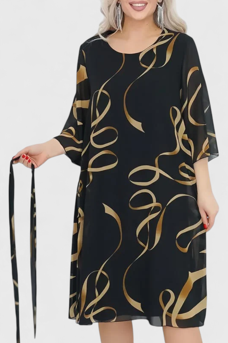 Vestido Midi Estampado Con Cinturón Tejido Ligero Ingenioso