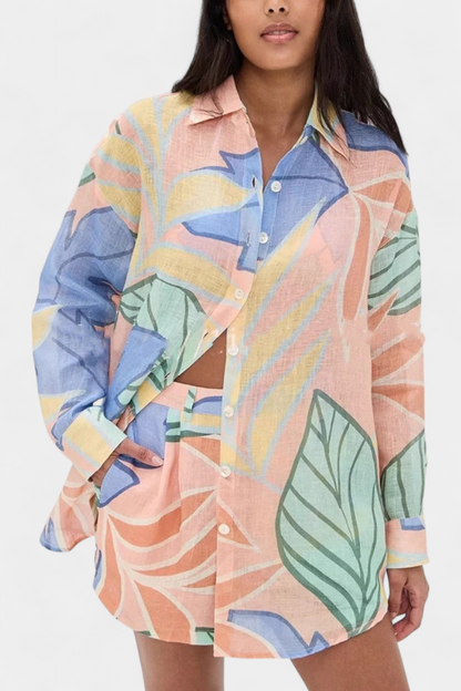 Lumina Conjunto Tropical Camisa Suelta Shorts Cintura Alta