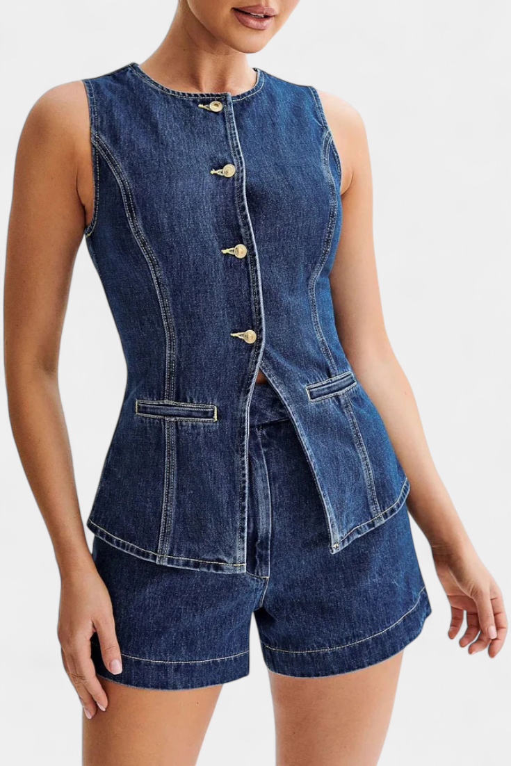 Conjunto Raya Denim Chaleco Sin Mangas Shorts Talle Alto