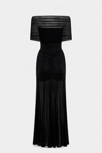 Vestido Maxi Barco Con Capa De Malla Glam Nocturno Seductor