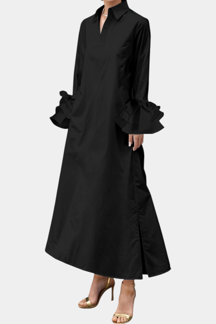 Vestido Ramona Seda Con Cuello Camisero Y Volantes Chic