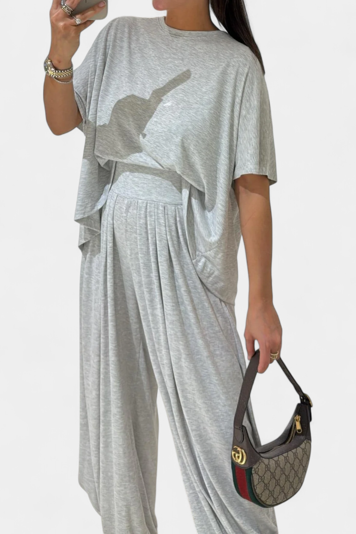 Conjunto Trista Recto Top Y Pantalón Ancho Modal Suave Gris