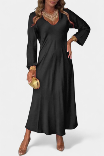 Vestido Fluido Seda Con Escote V Y Mangas Largas Chic