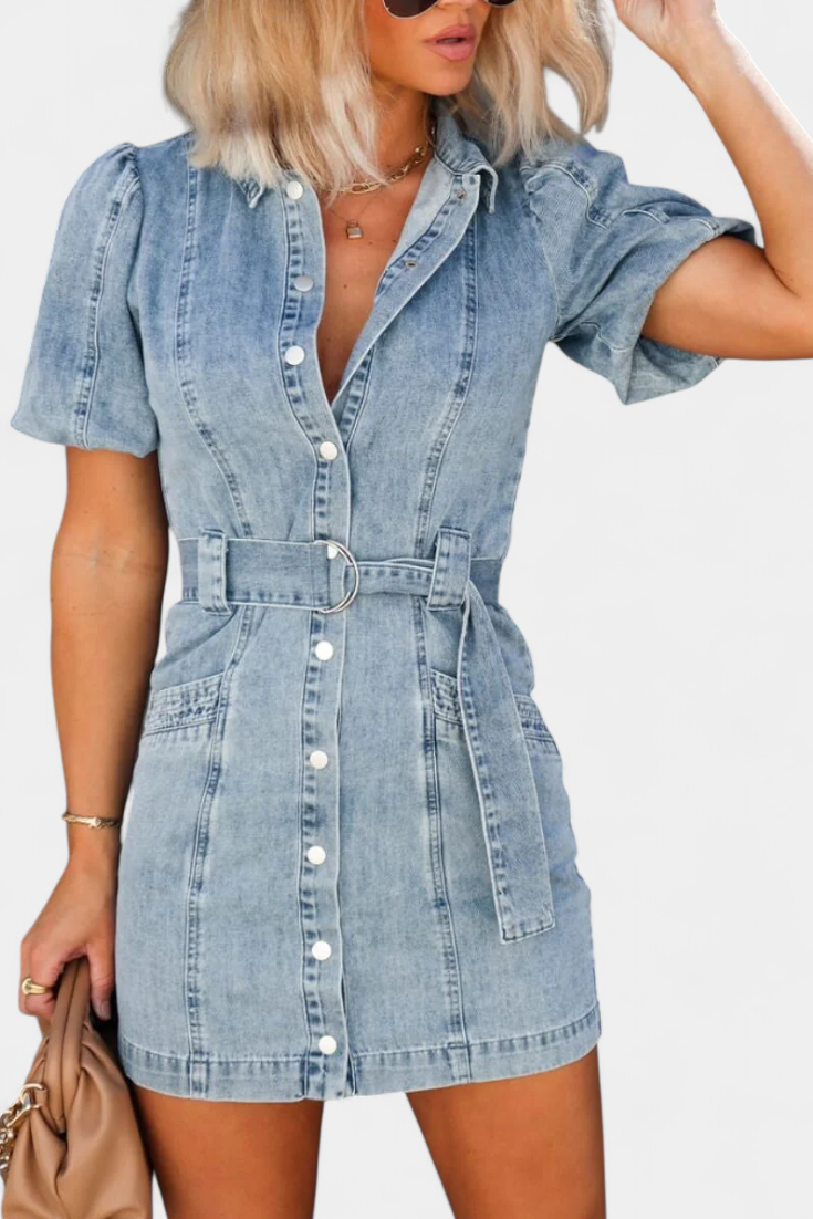 Vestido Mini Denim Lavado Orlena Con Glam Privilegio