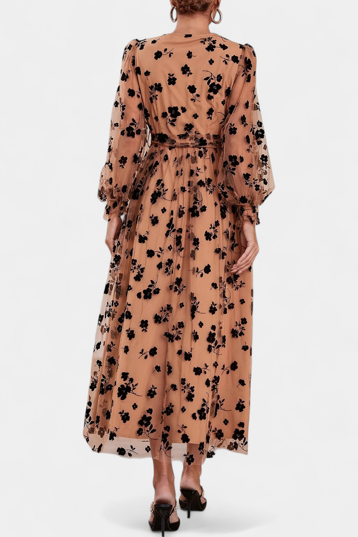 Iolanda Vestido Maxi Encaje Floral con Mangas Linterna