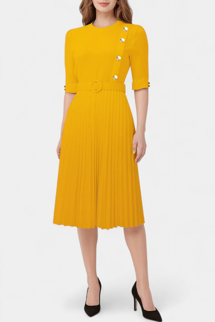 Vestido Pliegues Con Botones Decorativos Elite Brilla