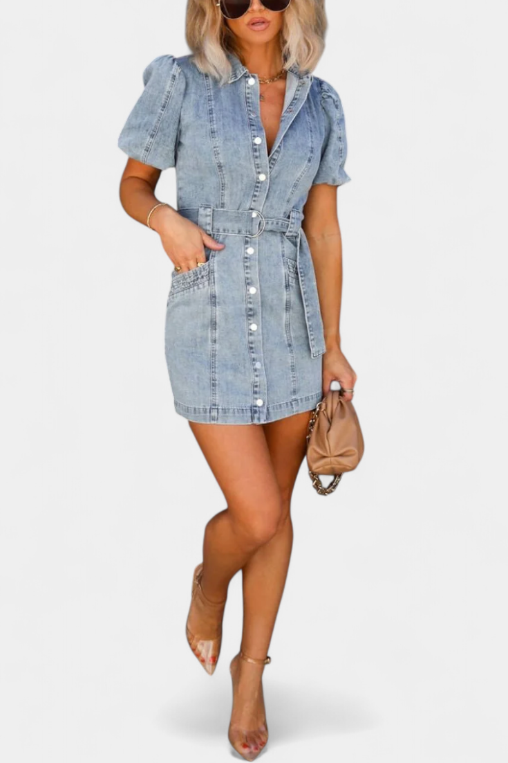 Vestido Mini Denim Lavado Orlena Con Glam Privilegio