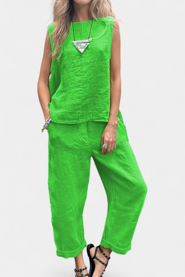 Leona Conjunto Coqueto Chaleco Pantalón Algodón Lino